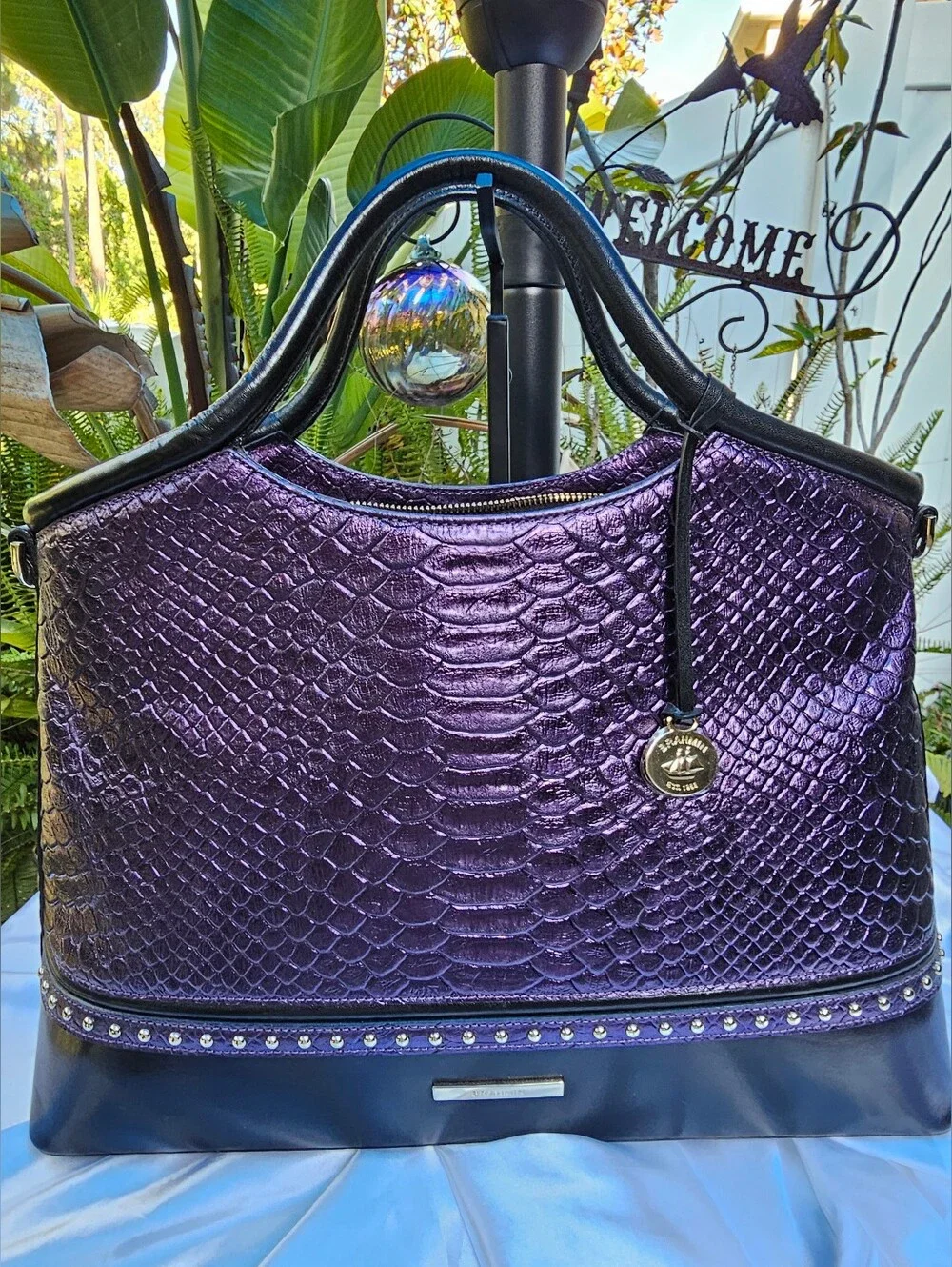 NWT Brahmin Elaine Ultraviolet Altair Snakeprint Embossed Leather Satchel